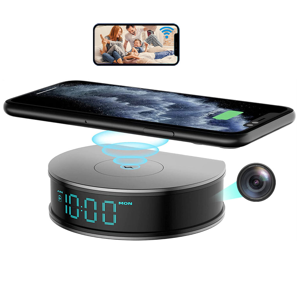 Alarm Clock + 15W Fast Wireless Charger with 1080P Spy Hidden Camera - Myhiddeneyes