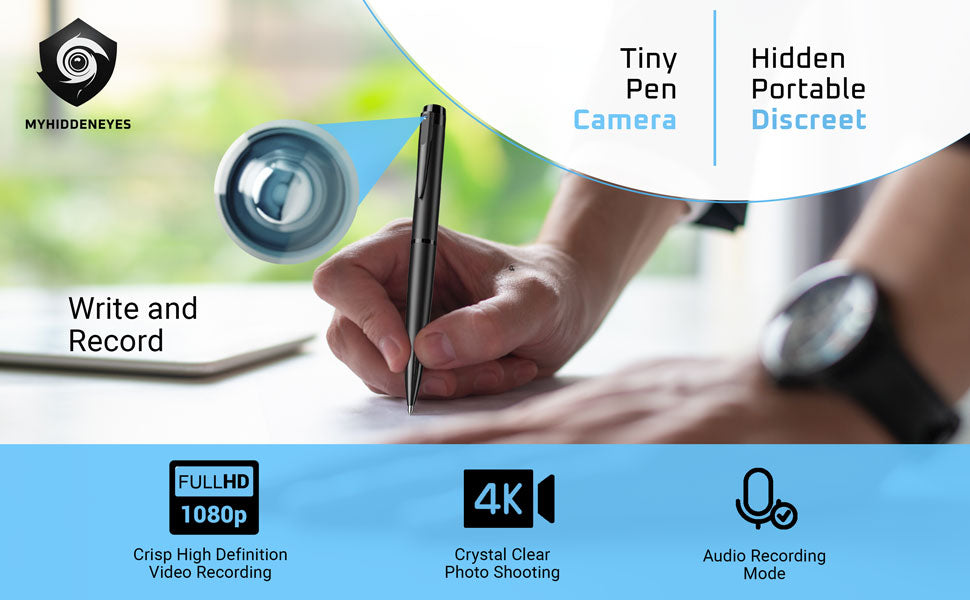 Hand holding a pen with built-in camera features advertised, such as Full HD recording and discreet design