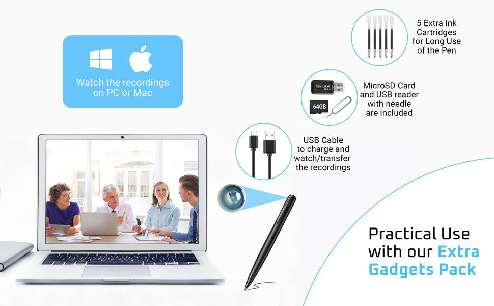 Laptop with an advertisement for gadget pack including ink cartridges, microSD card, USB cable, and pen