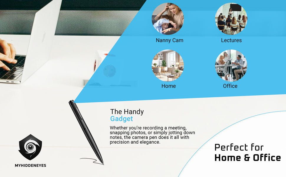Advertisement for a multi-functional camera pen with applications for nanny cam, lectures, home, and office